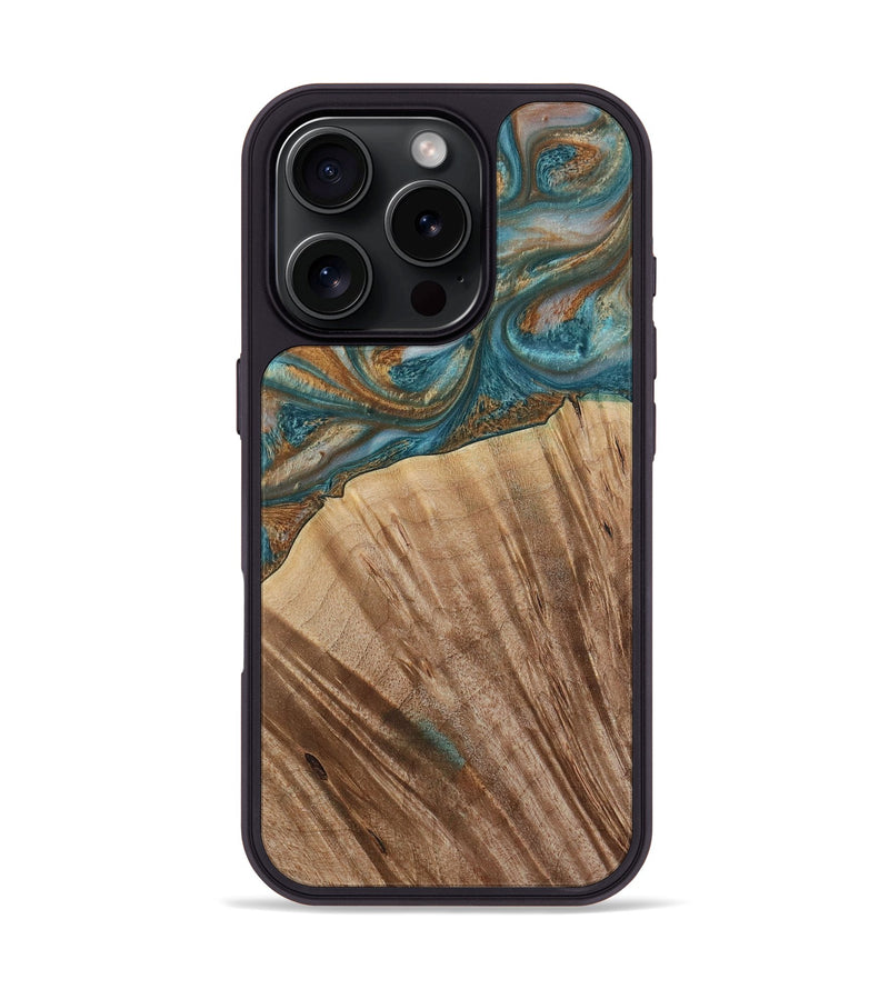 iPhone 16 Pro Wood Phone Case - Nancy (Teal & Gold, 730672)