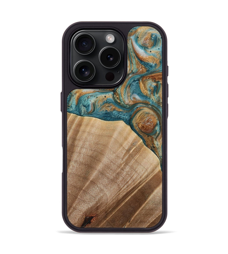 iPhone 16 Pro Wood Phone Case - Erena (Teal & Gold, 730674)