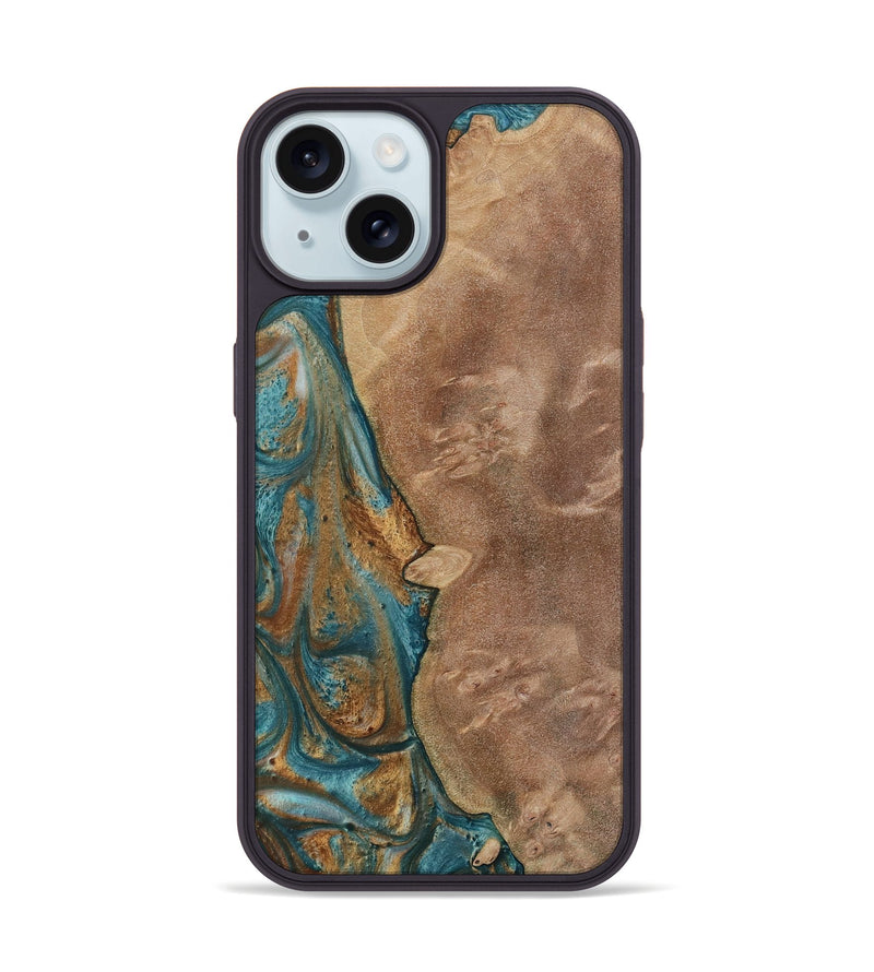 iPhone 15 Wood Phone Case - Erby (Teal & Gold, 730675)