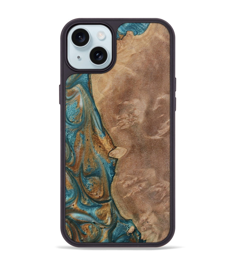 iPhone 15 Plus Wood Phone Case - Erby (Teal & Gold, 730675)