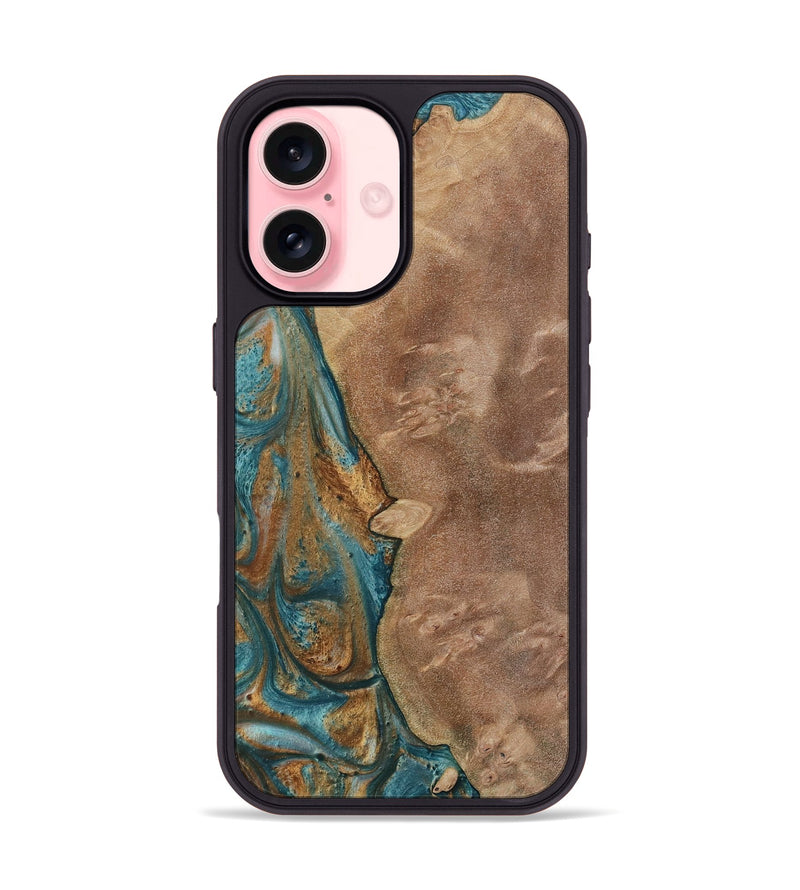 iPhone 16 Wood Phone Case - Erby (Teal & Gold, 730675)