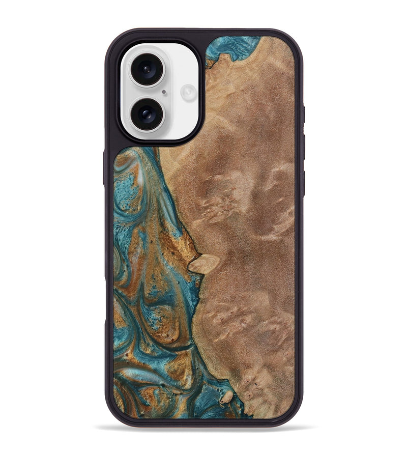 iPhone 16 Plus Wood Phone Case - Erby (Teal & Gold, 730675)