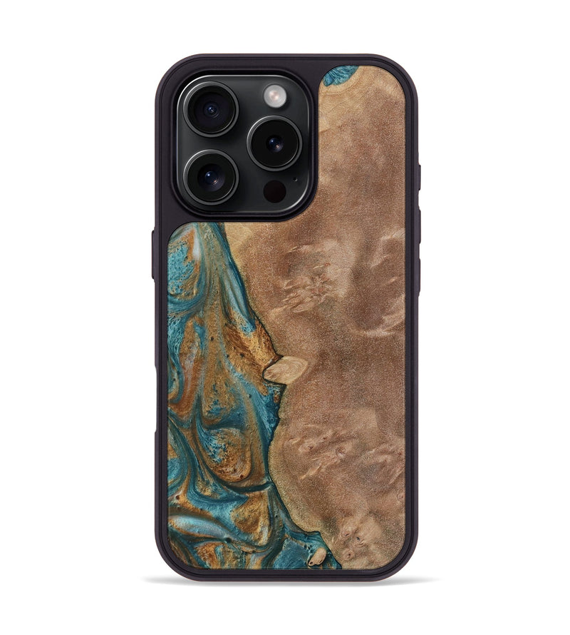 iPhone 16 Pro Wood Phone Case - Erby (Teal & Gold, 730675)