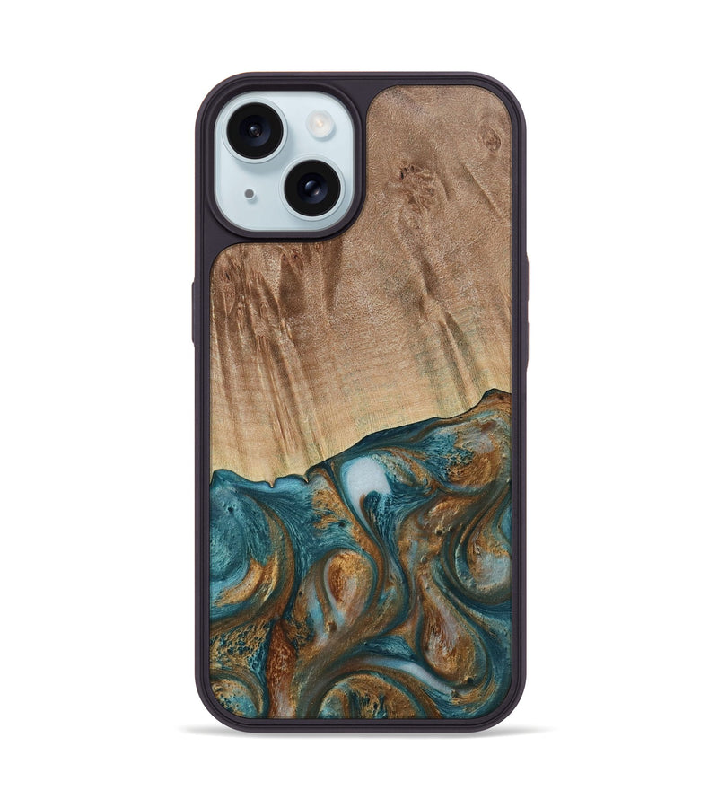 iPhone 15 Wood Phone Case - Tristin (Teal & Gold, 730676)