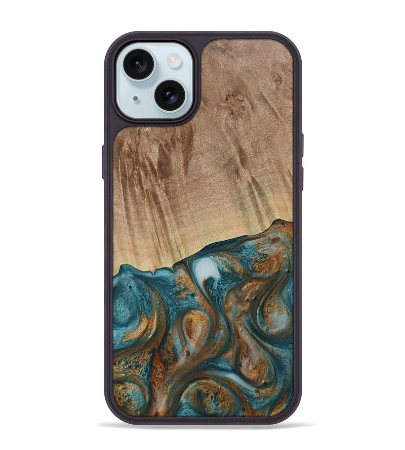 iPhone 15 Plus Wood Phone Case - Tristin (Teal & Gold, 730676)