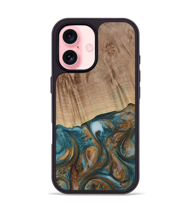 iPhone 16 Wood Phone Case - Tristin (Teal & Gold, 730676)