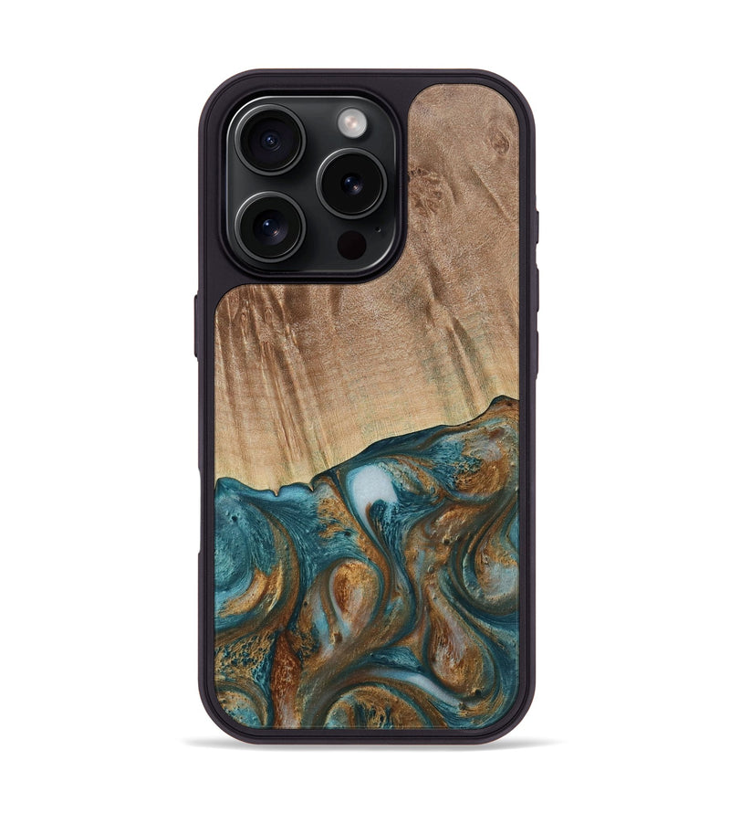 iPhone 16 Pro Wood Phone Case - Tristin (Teal & Gold, 730676)