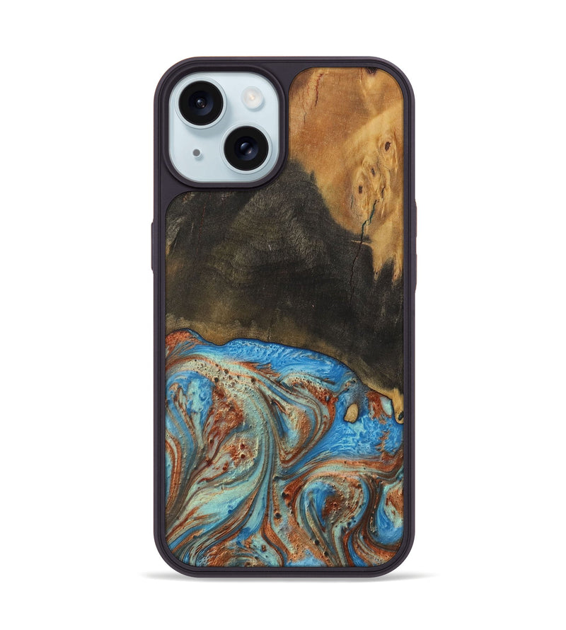 iPhone 15 Wood Phone Case - Thresa (Teal & Gold, 730694)