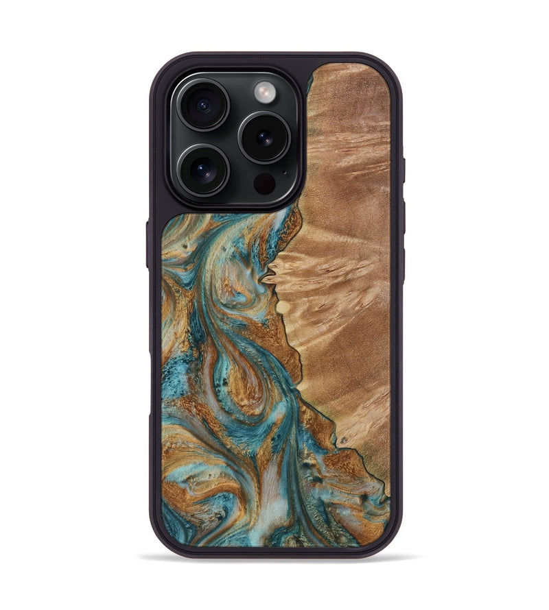 iPhone 16 Pro Wood Phone Case - Delwin (Teal & Gold, 730834)