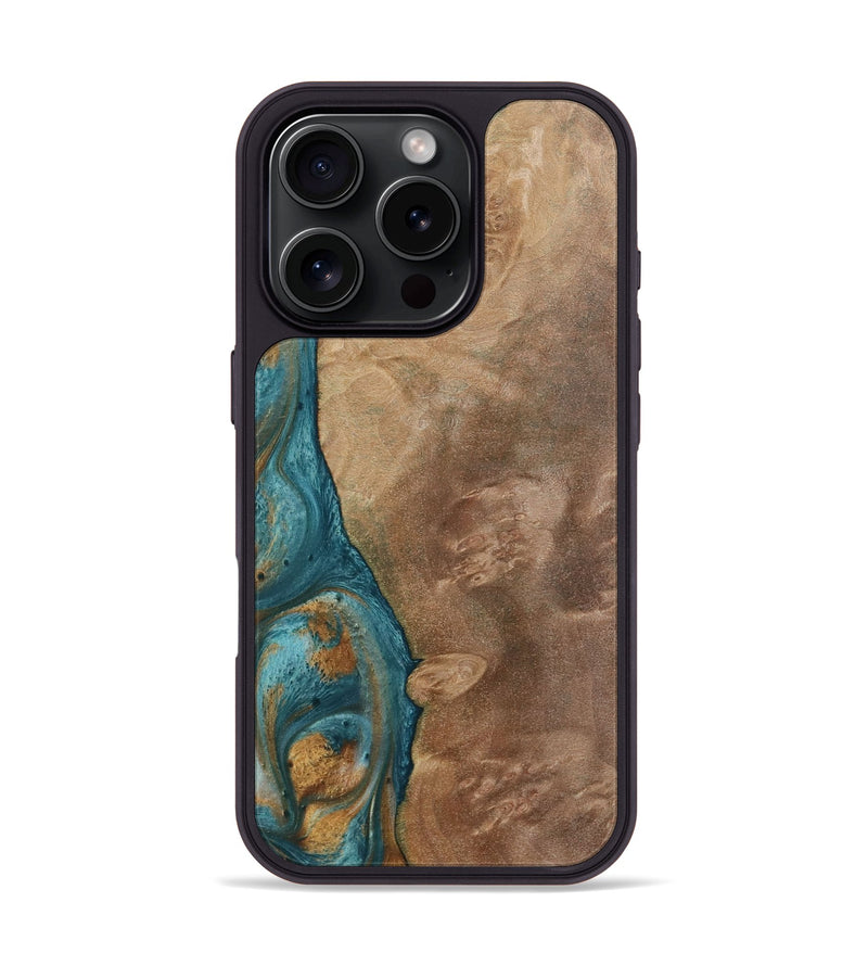 iPhone 16 Pro Wood Phone Case - Clareta (Teal & Gold, 730865)