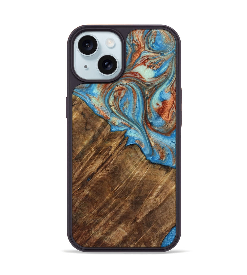 iPhone 15 Wood Phone Case - Ibrahim (Teal & Gold, 730898)