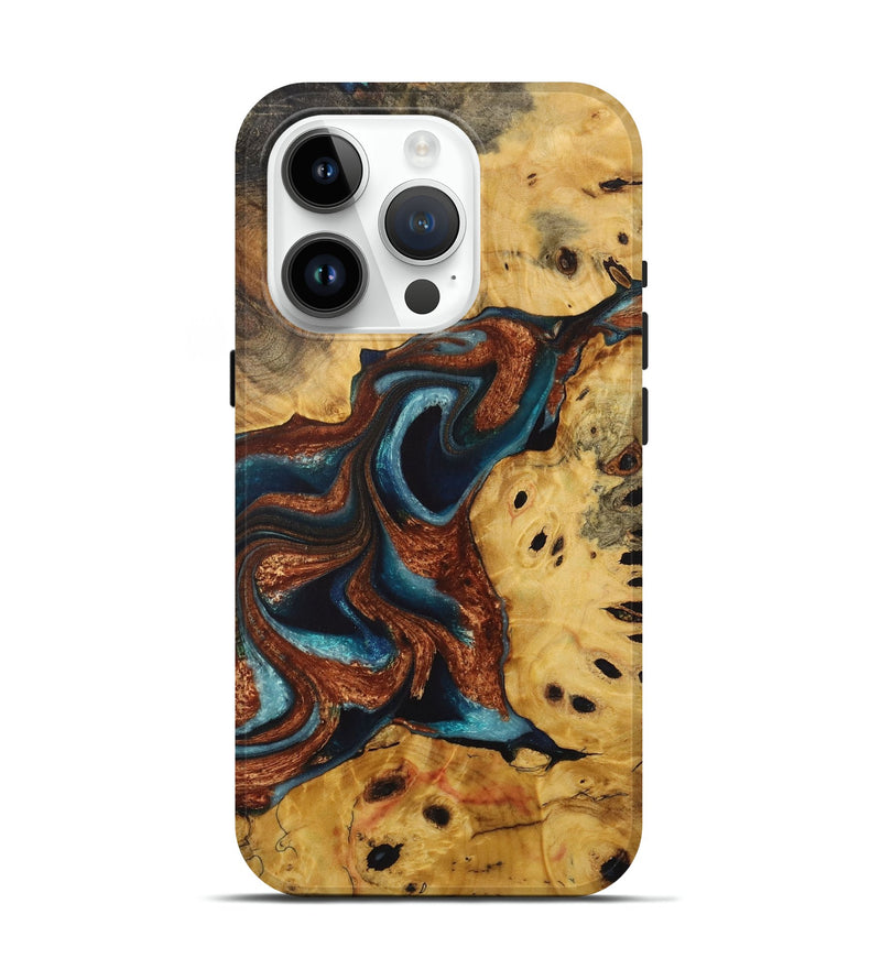 iPhone 15 Pro Wood Live Edge Phone Case - Renata (Teal & Gold, 730990)