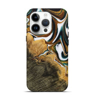 iPhone 15 Pro Wood Live Edge Phone Case - Huppert (Teal & Gold, 730991)