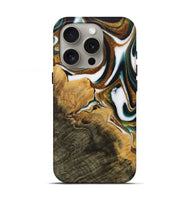 iPhone 16 Pro Wood Live Edge Phone Case - Huppert (Teal & Gold, 730991)