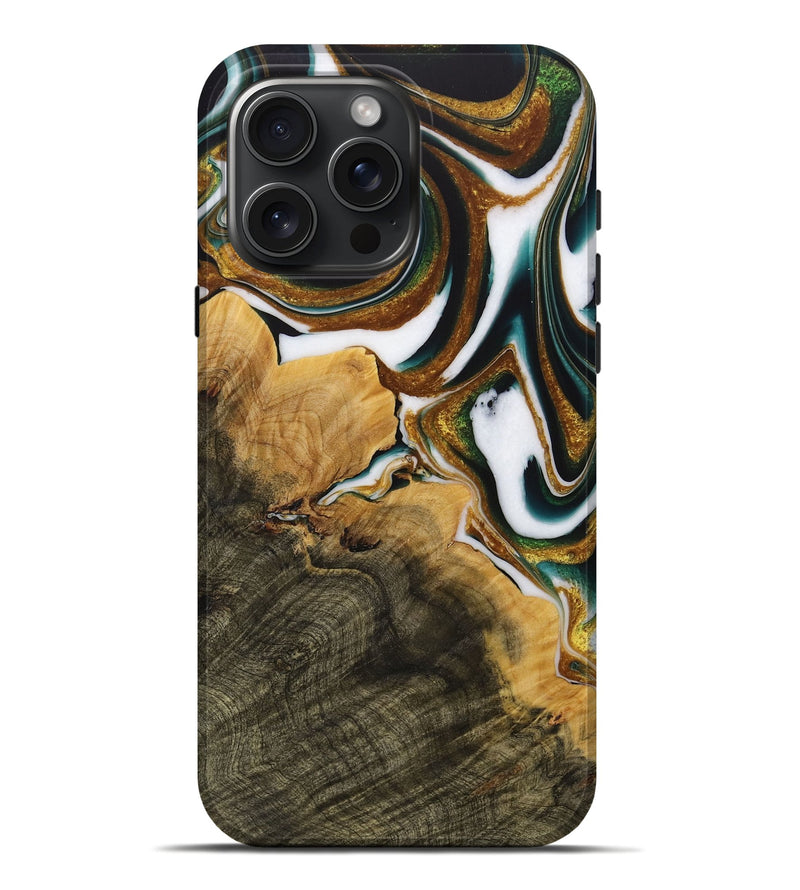 iPhone 16 Pro Max Wood Live Edge Phone Case - Huppert (Teal & Gold, 730991)