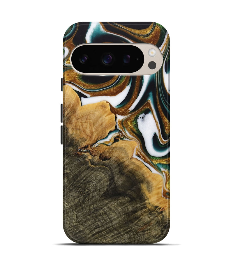 Pixel 9 Wood Live Edge Phone Case - Huppert (Teal & Gold, 730991)