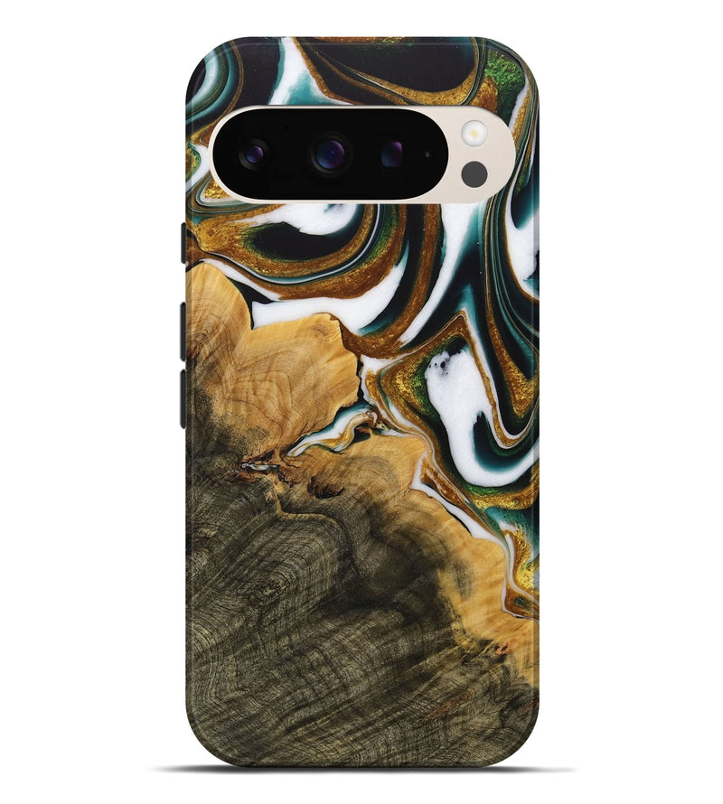 Pixel 9 Pro XL Wood Live Edge Phone Case - Huppert (Teal & Gold, 730991)