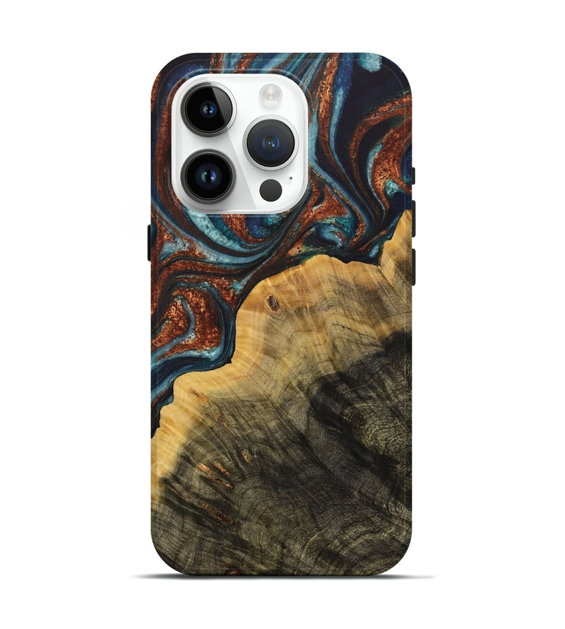 iPhone 15 Pro Wood Live Edge Phone Case - Rhoda (Teal & Gold, 731002)