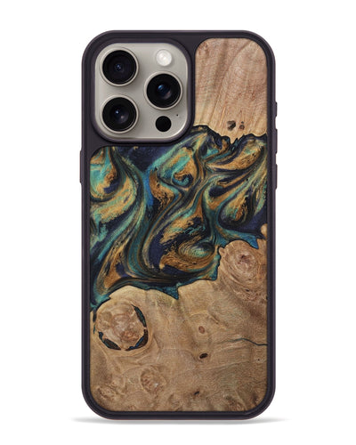 iPhone 15 Pro Max Wood Phone Case - Stephan (Teal & Gold, 731089)