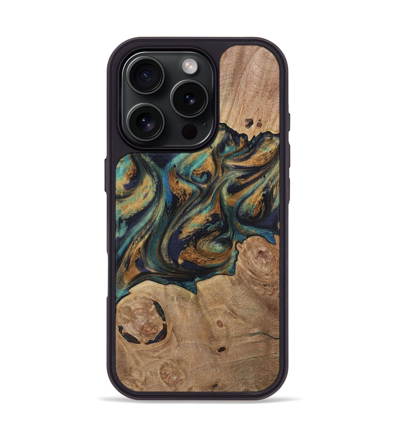 iPhone 16 Pro Wood Phone Case - Stephan (Teal & Gold, 731089)