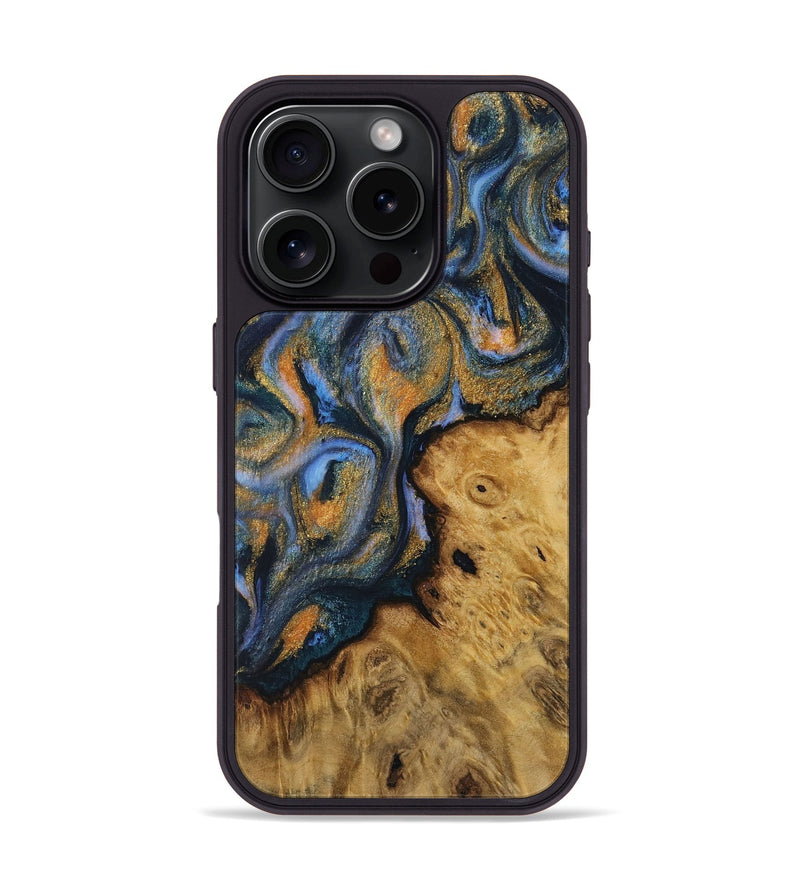 iPhone 16 Pro Wood Phone Case - Cacilia (Teal & Gold, 731279)