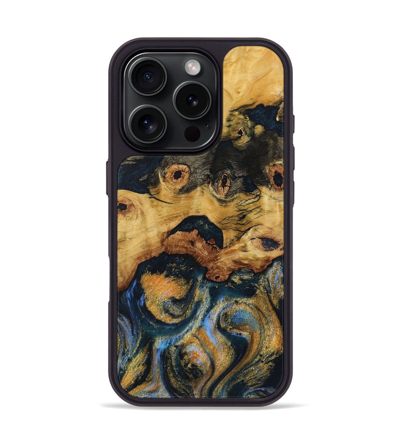 iPhone 16 Pro Wood Phone Case - Dael (Teal & Gold, 731291)