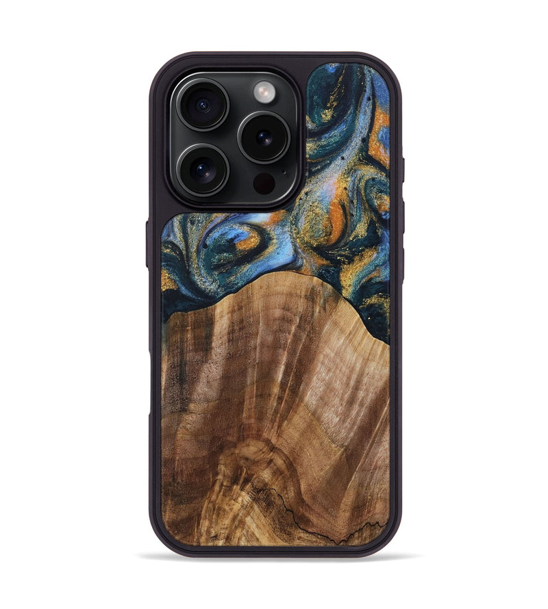 iPhone 16 Pro Wood Phone Case - Twiggy (Teal & Gold, 731295)