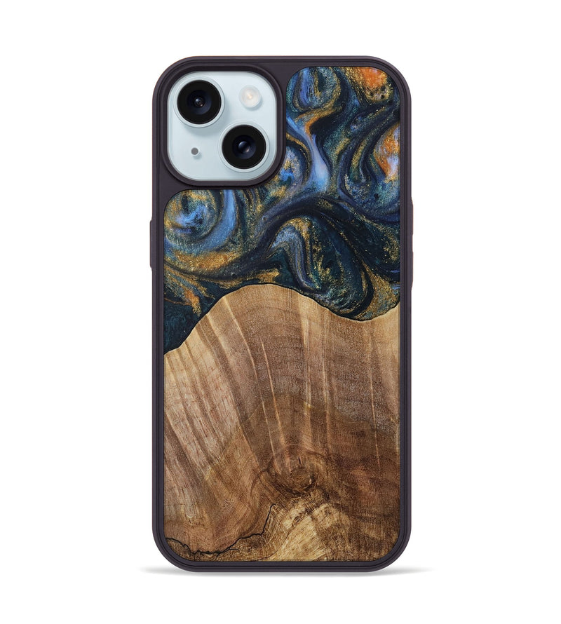 iPhone 15 Wood Phone Case - Lydie (Teal & Gold, 731308)