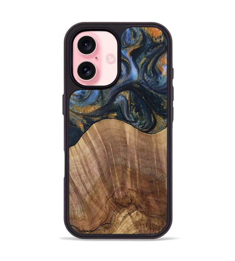 iPhone 16 Wood Phone Case - Lydie (Teal & Gold, 731308)