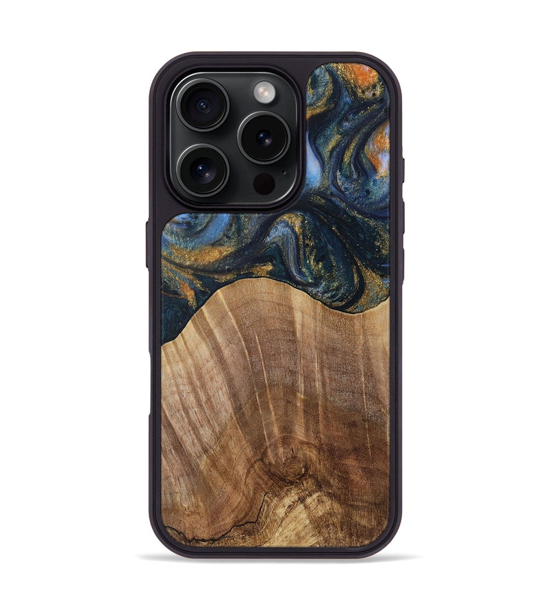 iPhone 16 Pro Wood Phone Case - Lydie (Teal & Gold, 731308)