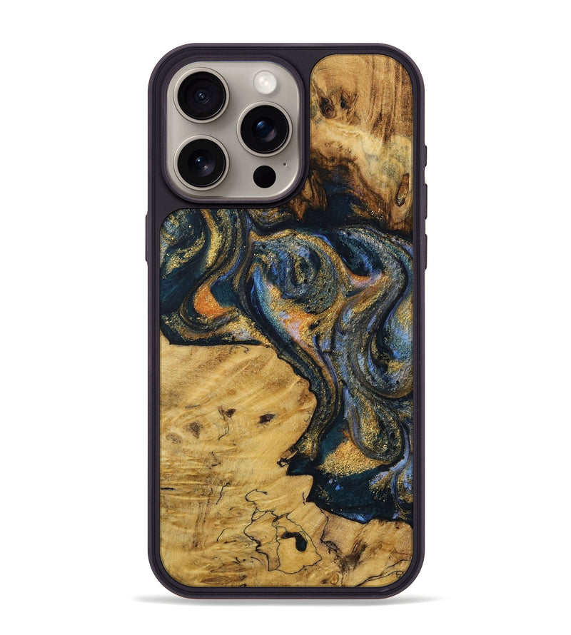 iPhone 15 Pro Max Wood Phone Case - Flying (Teal & Gold, 731319)