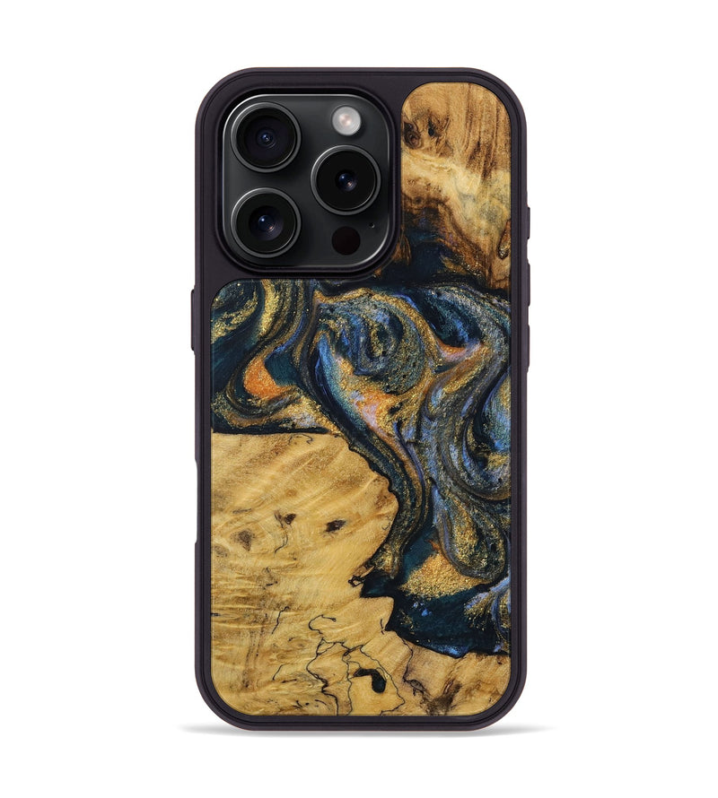 iPhone 16 Pro Wood Phone Case - Flying (Teal & Gold, 731319)