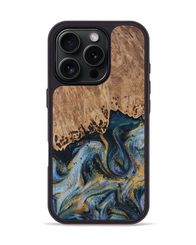 iPhone 16 Pro Wood Phone Case - Rheta (Teal & Gold, 731322)