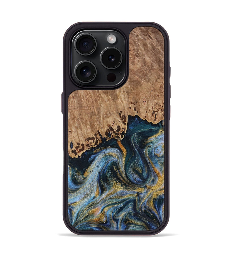 iPhone 16 Pro Wood Phone Case - Rheta (Teal & Gold, 731322)