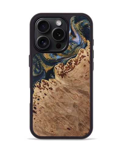 iPhone 16 Pro Wood Phone Case - Robbin (Teal & Gold, 731335)