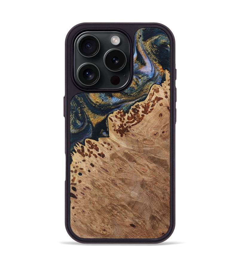 iPhone 16 Pro Wood Phone Case - Robbin (Teal & Gold, 731335)