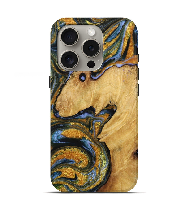 iPhone 16 Pro Wood Live Edge Phone Case - Jana (Teal & Gold, 731371)