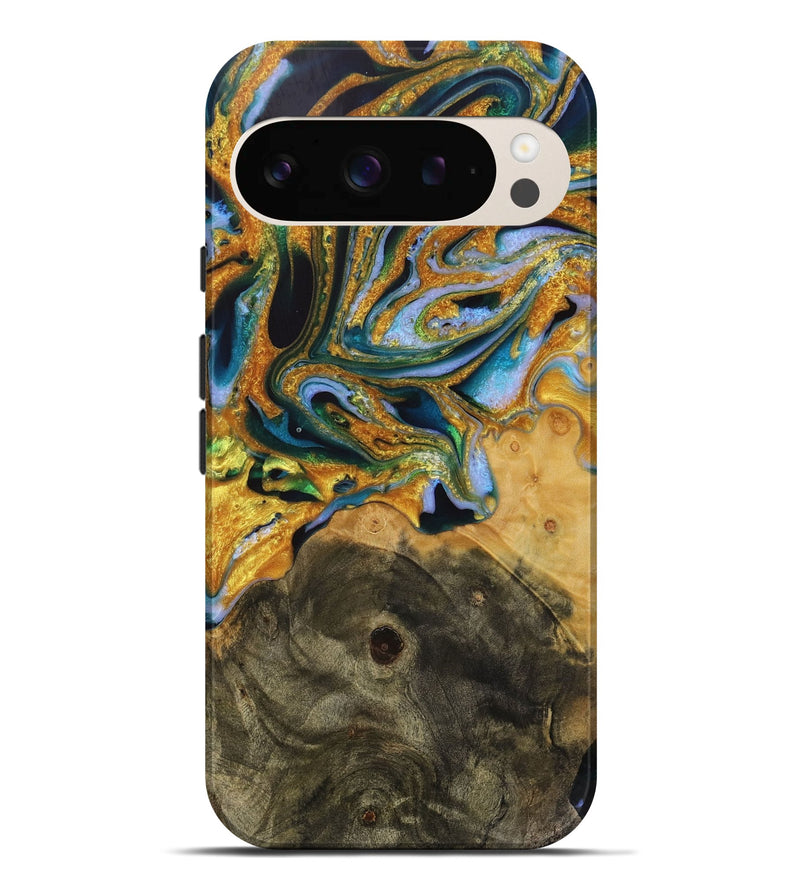 Pixel 9 Pro XL Wood Live Edge Phone Case - Wendel (Teal & Gold, 731382)