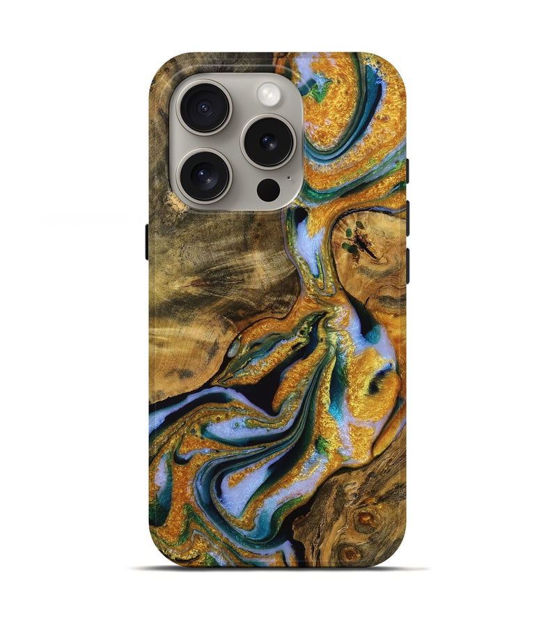 iPhone 16 Pro Wood Live Edge Phone Case - Bernice (Teal & Gold, 731389)