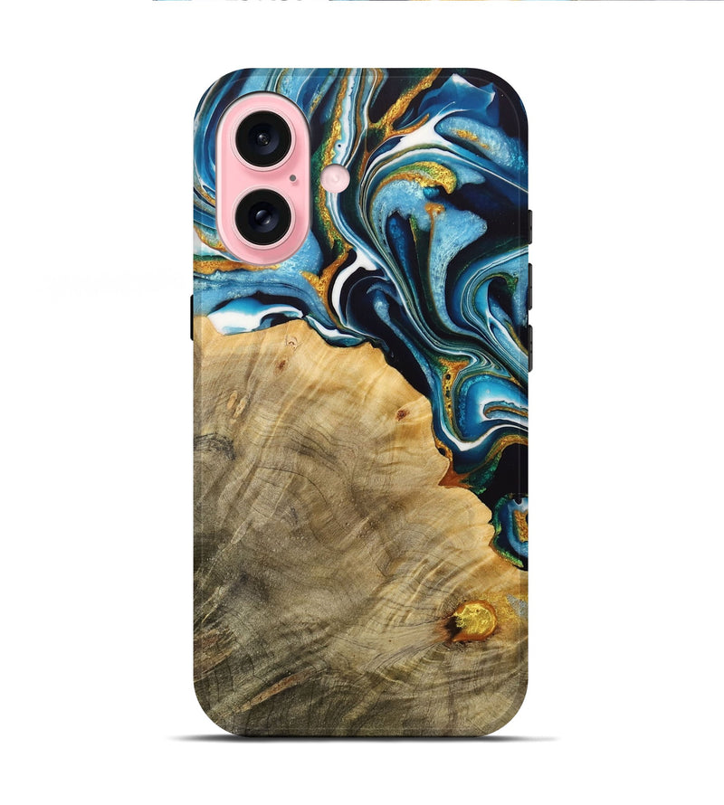 iPhone 16 Wood Live Edge Phone Case - Shyanne (Teal & Gold, 731404)