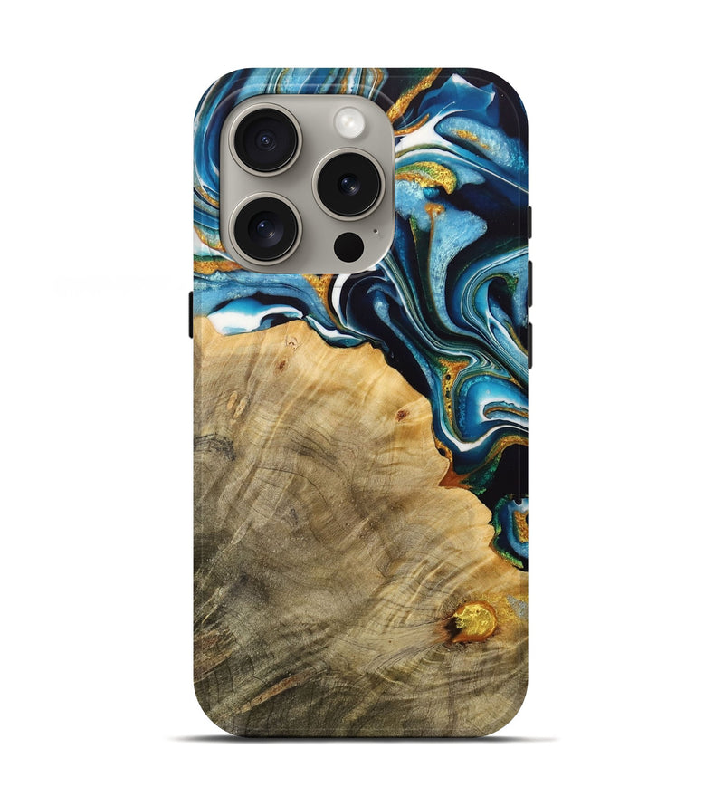 iPhone 16 Pro Wood Live Edge Phone Case - Shyanne (Teal & Gold, 731404)