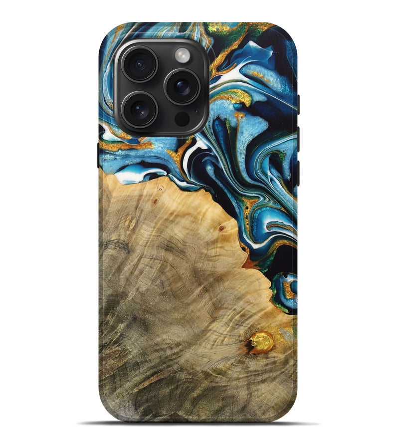 iPhone 16 Pro Max Wood Live Edge Phone Case - Shyanne (Teal & Gold, 731404)