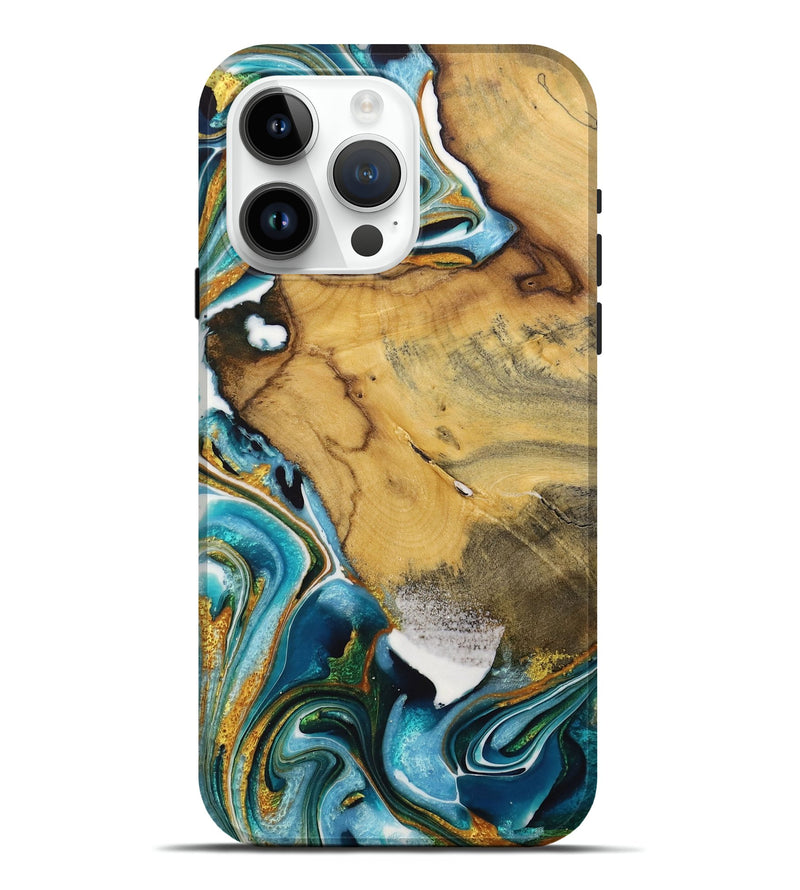 iPhone 15 Pro Max Wood Live Edge Phone Case - Brittny (Teal & Gold, 731408)