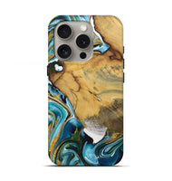 iPhone 16 Pro Wood Live Edge Phone Case - Brittny (Teal & Gold, 731408)