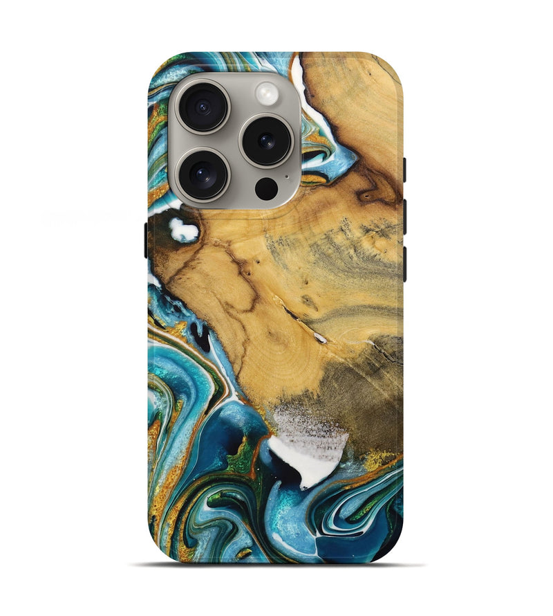 iPhone 16 Pro Wood Live Edge Phone Case - Brittny (Teal & Gold, 731408)