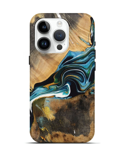 iPhone 15 Pro Wood Live Edge Phone Case - Raelynn (Teal & Gold, 731412)