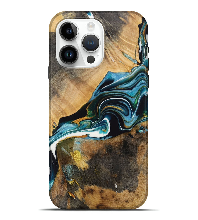 iPhone 15 Pro Max Wood Live Edge Phone Case - Raelynn (Teal & Gold, 731412)