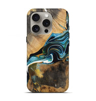 iPhone 16 Pro Wood Live Edge Phone Case - Raelynn (Teal & Gold, 731412)