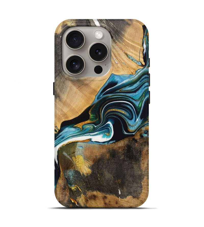 iPhone 16 Pro Wood Live Edge Phone Case - Raelynn (Teal & Gold, 731412)