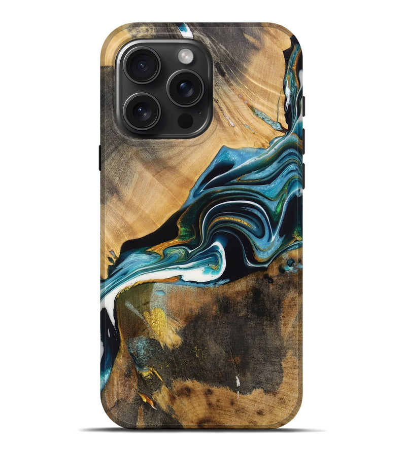 iPhone 16 Pro Max Wood Live Edge Phone Case - Raelynn (Teal & Gold, 731412)